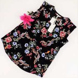 Pleione Bailey Black Floral Print Double Pleat Cap Sleeve Blouse Womens Small